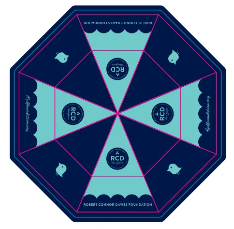 Digital artwork proof showing the panel layout for the Robert Connor Dawes Foundation umbrella canopy