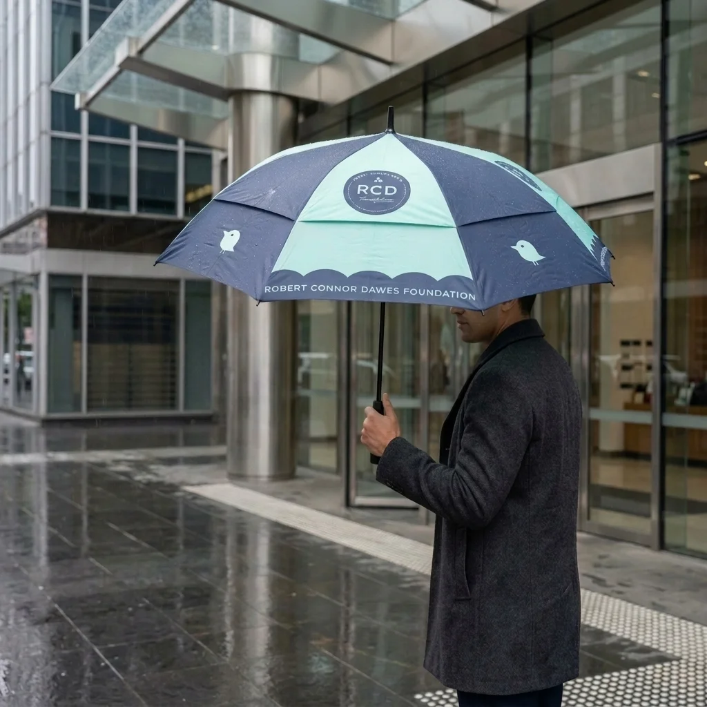 Custom made golf umbrella in navy and mint with the Robert Connor Dawes Foundation crest, held in the rain outside an office building