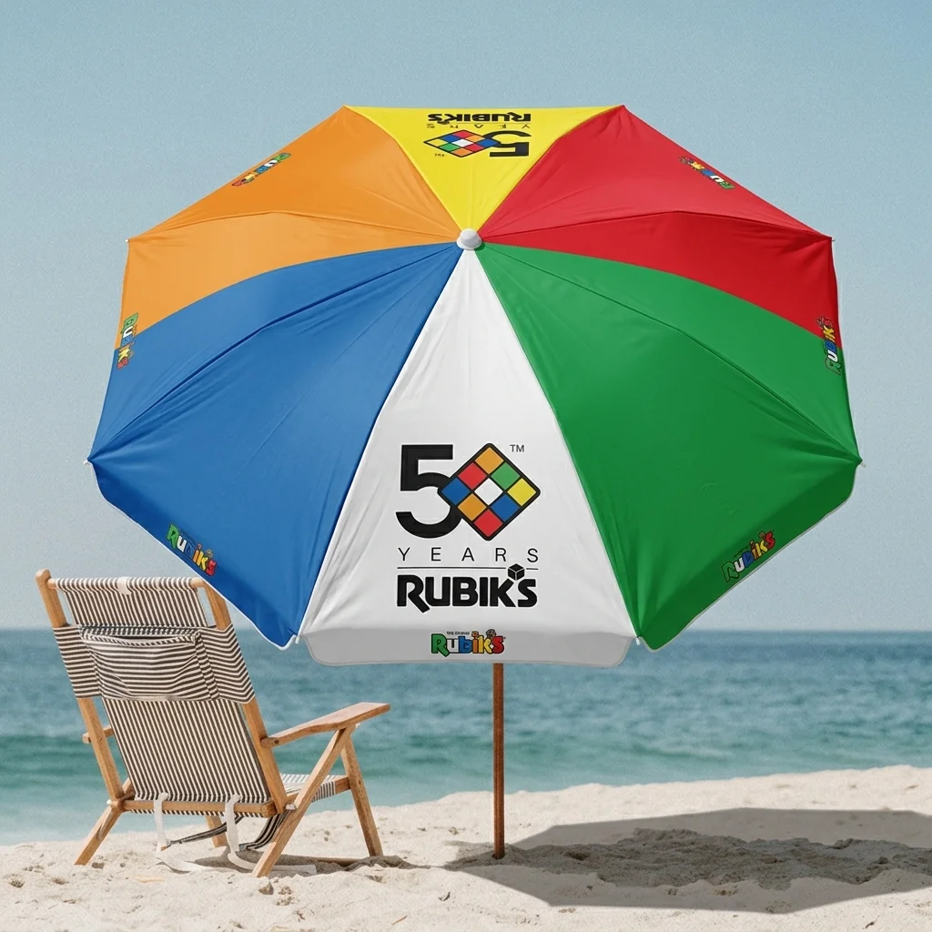Custom made umbrella in Rubik’s Cube 50th anniversary colours