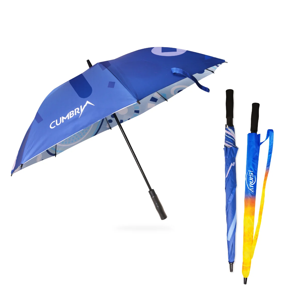 Custom umbrellas shown open and closed with printed canopies and matching wrist straps